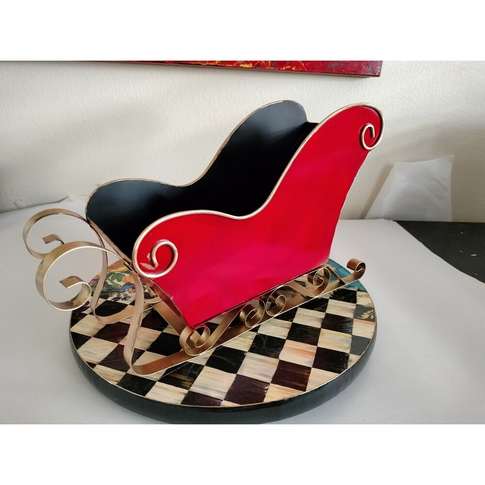 Christmas Santa Claus Sleigh 15 x 5" Red Black Hand Painted
